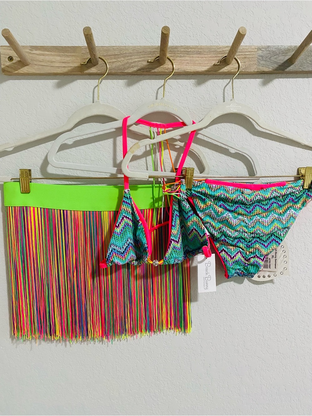 $250 NWT Beach Bunny Astropop Bikini Scrunch Butt w Fringe Coverup Skirt